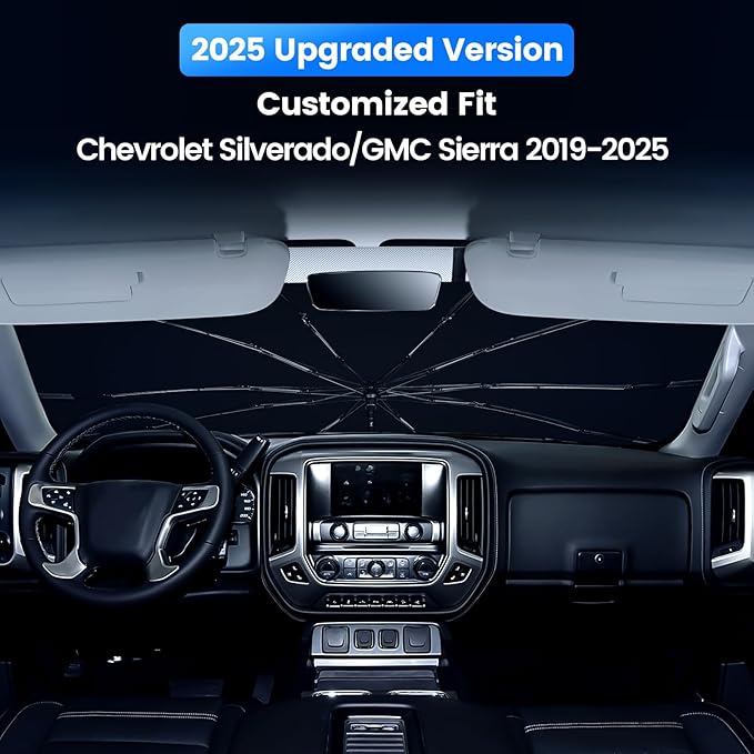 Windshield Sun Shade Umbrella for Silverado/GMC Sierra 2019-2025 2026,Heat Blocking Keep Car Cool,UV Protection Windshield Sunshade, Emergency Rain Shield&Dashboard Protector-Thickened ICY Silver