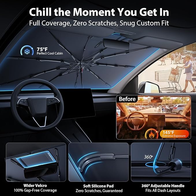 Car Windshield Sun Shade Umbrella [2026 Ice Shield] Custom Fit: Sienna, Pacifica, RAM 1500/2500/3500 & More Full-Size Truck/Van Car Accessories, Anti-Scratch Max Cool Interior Protector