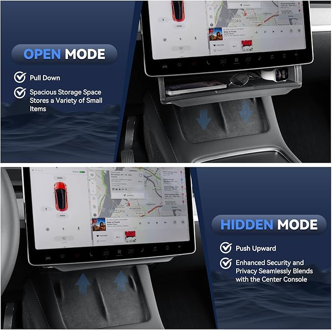 Under Screen Storage Box for Tesla 2020-2025 Model Y 2020-2023 Model 3, Hidden Design & Stable Installation, Hiddenable Privacy Storage with Anti-Slip Silicone Pad for Model Y 3 Accessories