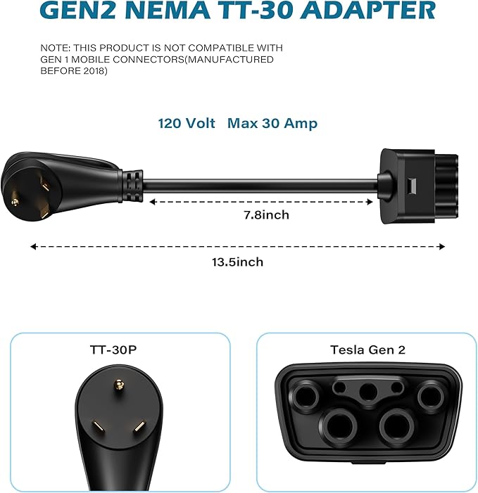 HiFind NEMA TT-30 Adapter Plug for Tesla Gen 2 Mobile Charger 1 Ft with Grip Handle, TT-30P Generator Plug to Portable Mobile Adapter Cord, 120V 30 Amp Fast Charging for EV Model S/3/X/Y, ETL