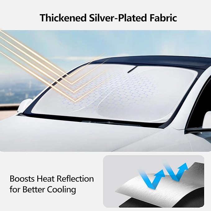 Tesla Model Y Sunshade Windshield Upgraded Foldable Sunshade Front Window Sun Shade Full Cover Full-Size Foldable Front Sun Shade UV Protection Fabric 2025 New Model Y Refresh (Juniper) (White)