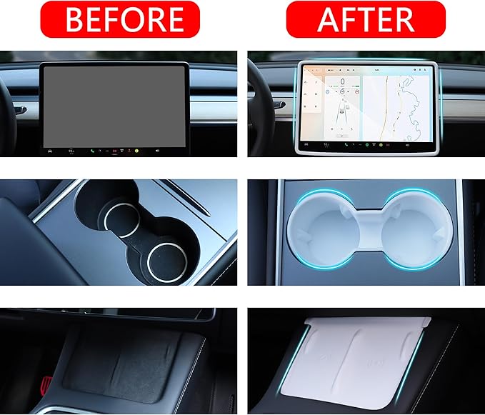 3PCS Center Console Accessories for Tesla Model Y 2021-2024 and Model 3 2021-2023 Cup Holder Insert, Screen Edge Protector Frame, Silicone Wireless Charger Mat, White