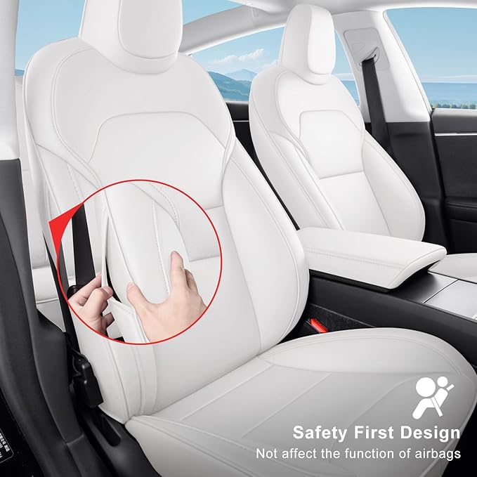 2024 Tesla Model 3 Highland Upgraded Car Seat Covers Nappa Leather Car Interior Airbag Compatible Cushion Cover Full Set Custom Fit Model 3, Nappa White