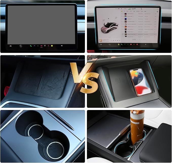 3PCS Center Console Accessories for Tesla New Model Y Juniper 2026 2025 Model 3 Highland 2024 Cup Holder Insert, Screen Edge Protector Frame, Wireless Charger Mat Silicone, Black