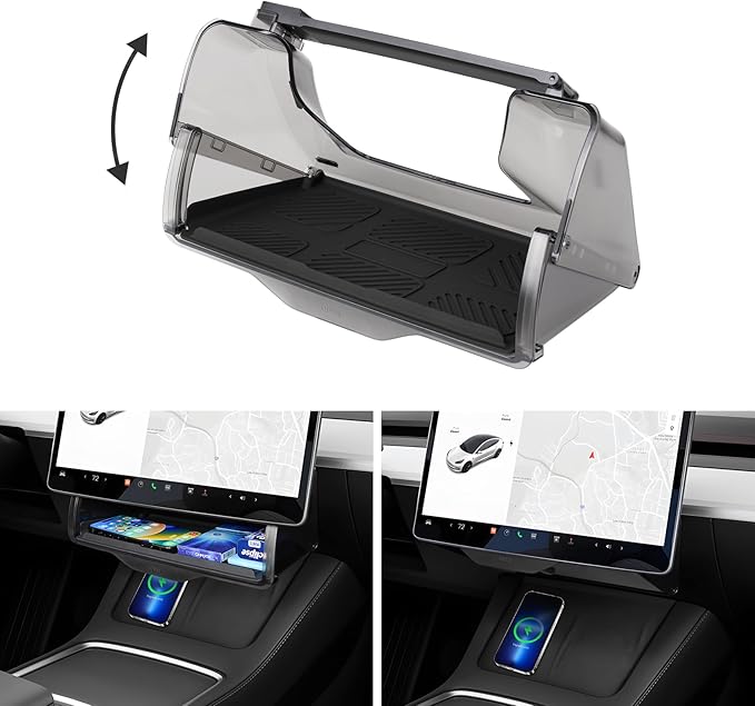 Hidden Under Screen Storage Box for 2016-2026 Tesla Model Y/Model 3 Accessories,One‑click open & Silent Damping Slides Center Console Organizer (Fit New Model Y Juniper/Model 3 Highland)
