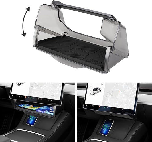 Hidden Under Screen Storage Box for 2016-2026 Tesla Model Y/Model 3 Accessories,One‑click open & Silent Damping Slides Center Console Organizer (Fit New Model Y Juniper/Model 3 Highland)