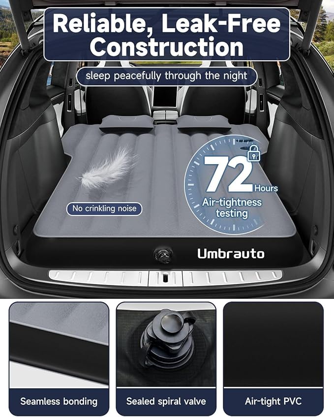 Umbrauto Custom Fit Air Mattress for Tesla Model Y/Juniper, 2026 Upgraded Inflatable Camping Bed for Back Trunk, Soft Flocking Surface+Reinforced Bottom Sleeping Pad w/Pump for Outdoor Travel