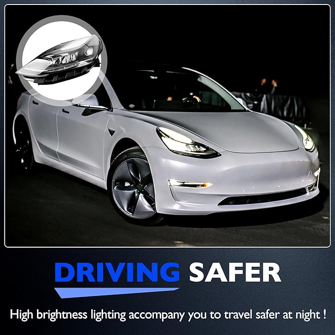 Full LED Headlights, Compatible with 2021-2023 Tesla 3 Tesla Y Base Mayor Performance Long Range Standard Estandar, Replace 1514952 151495200C 151495200D Left Driver Side Front Head Lights Assembly
