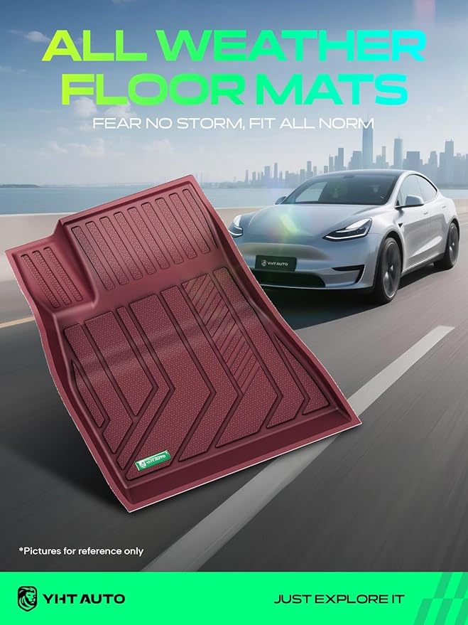 YHTAUTO Floor Mats Compatible with Tesla Model 3 Highland 2024 2025 2026, TPE Floor Liners All Weather Custom Fit, 1st & 2nd Row, Set of 3, Red