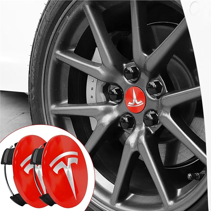 4 Pack Exterior Decoration Wheel Center Cover for Tesla Model 3 Model Y,56mm Hubcaps Wheel Rim Cover Tesla Center Caps Hubcaps+20 Black Lug Nut Covers (Red+Silver Emblem)