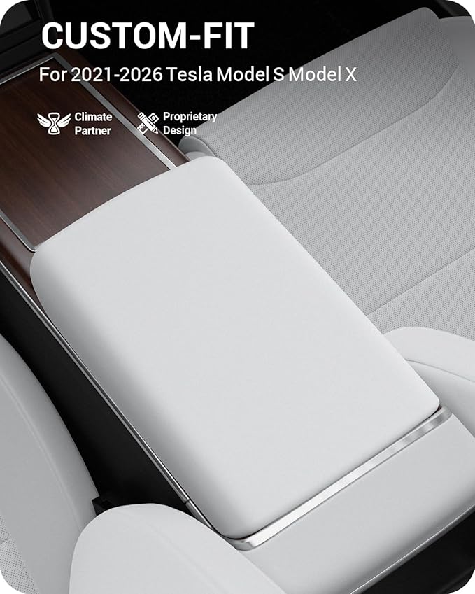 BASENOR Upgraded Tesla Model S Model X Center Console Cover Non-Slip TPE Armrest Cover [No Logo] Protector Armrest [Proprietary Design] 2021-2026 Tesla Interior Accessories White