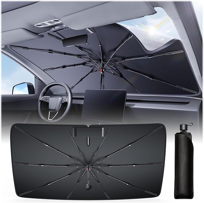 Car Windshield Sun Shade Umbrella [2026 Ice Shield] Custom Fit: Tesla Model Y, Ford Explorer, Chevy Blazer, Hyundai-Palisade & More SUV Car Accessories, Anti-Scratch Max Cool Interior Protector