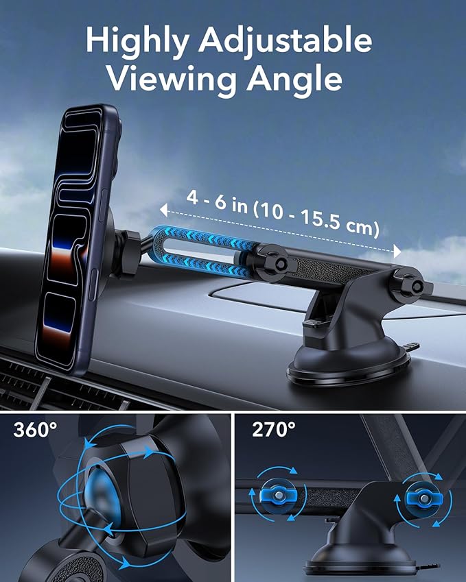 ESR Dashboard Magnetic Phone Holder for Car, for MagSafe Car Mount, Windshield Vacuum Car Mount for iPhone 17/16/16e/15/14/13/12, Samsung, Pixel 10, Charging Not Supported, 2 Metal Rings Included