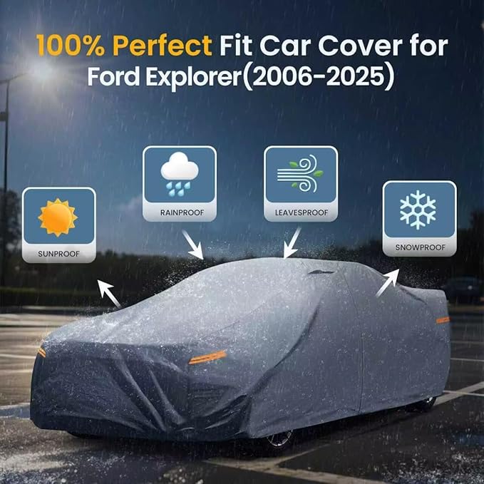 Waterproof Ford Explorer(2006-2026) SUV Car Cover with Breathable Vents, [2026 Upgrade] Premium Covers with Cotton Liner and Zipper Door, Sun Rain Snow Dust Uv Protection.(Gift with Towel)