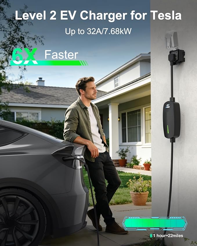 EVDANCE Level 2 EV Charger for Tesla, 32A/7.68kW Fast Home & Portable EV Charging Station with 25FT Cable, NEMA 14-50 Plug, NACS Connector Compatible with All Tesla Models S/3/X/Y/Cybertruck