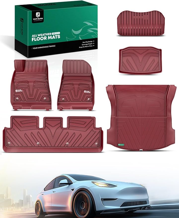 YHTAUTO Floor Mats & Cargo Mat Compatible with Tesla Model 3 2021-2023, All Weather TPE Front Rear Cargo Liner, Rear Storage Mats, Model 3 Accessories, Set of 6 Red