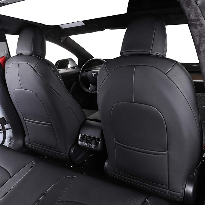 EKR Model S Seat Cover for Tesla Model S 2014 2015 2016(Front Fixed Headrests, Front Full Side Coverage, 3 Rear Headrests) Leather Seat Covers Full Set,Car Seat Protector- Leather (Black)