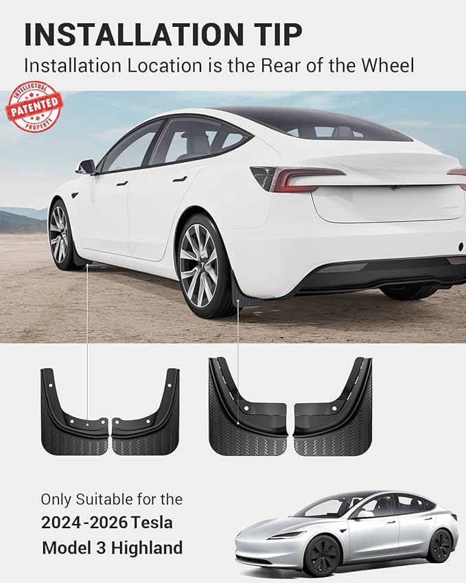 BASENOR for Tesla Model 3 Highland Mud Flaps 2024-2026, Aerodynamic No-Drilling Splash Guards, All-Weather Paint Protection Kit, Tire Protector New Model 3 Accessories - Set of 4