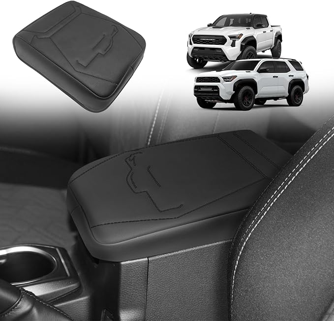 Muslogy Center Console Armrest Cover Fit for 2024 2025 2026 Toyota Tacoma Accessories, Comfort Armrest Pad Console Lid Cushion Protector Vegan Leather Regular Thick(Black/Black Trim)
