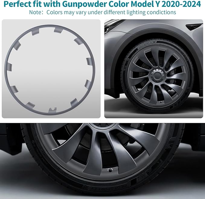21" Gunpowder Rim Protector for Tesla Model Y 2020-2024 Uberturbine Wheels, Set of 4 ABS Trim Rings, Snap-on Installation & Curb Rash Prevention