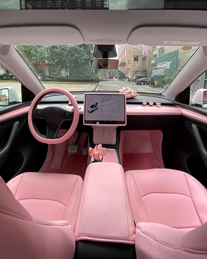 Pink Dashboard Cover and Front Door Cover Compatible with Tesla Model 3（2021-2023） and Model y（2019-2023 (Pink 9 Sets)