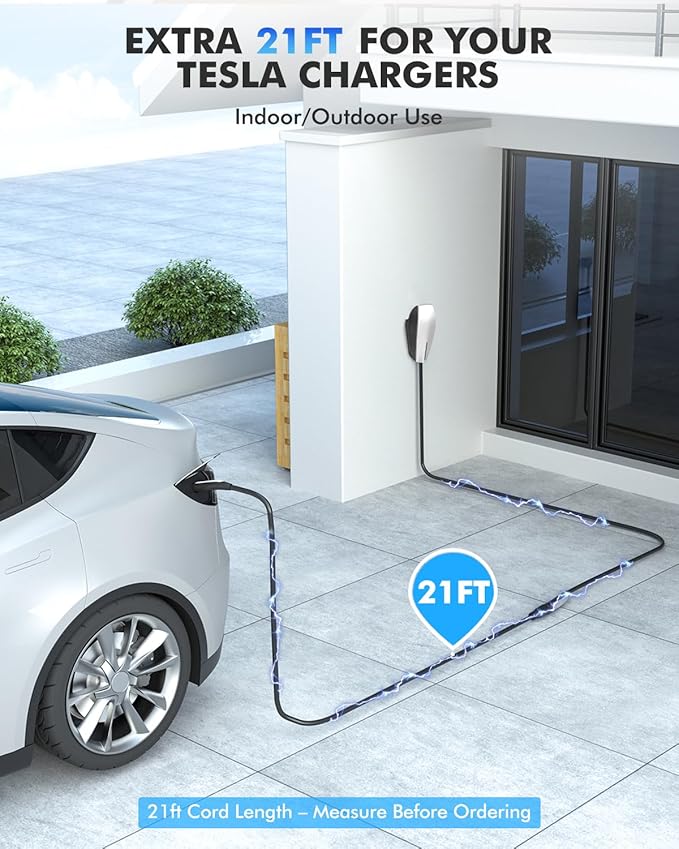 SEGUMA EV Charger Extension Cable for Tesla, Up to 50A 21FT 240V 12KW NACS Extension Cable for Level 1&2 NACS Charger,Tesla Wall Connector, Tesla Extension Cord for Model Y/X/3/S