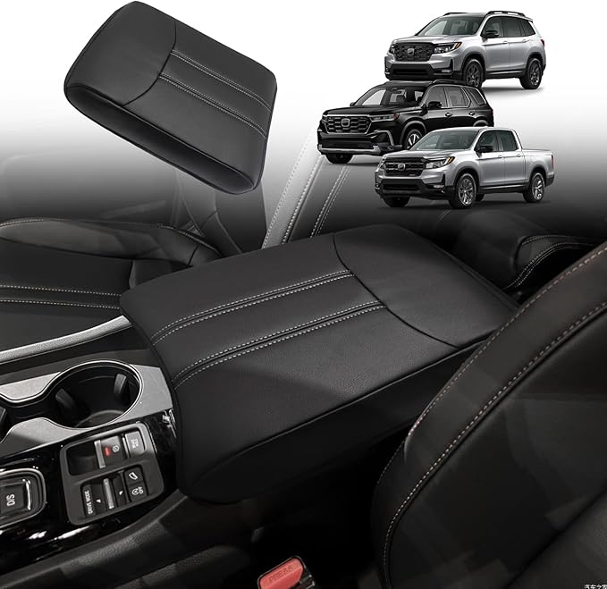 Muslogy Center Console Armrest Cover Fit for Honda Pilot 2023-2026, 2024-2026 Ridgeline/Passport Accessories, Comfort Armrest Pad Console Lid Cushion Vegan Leather Regular Thick(Black/White Trim)