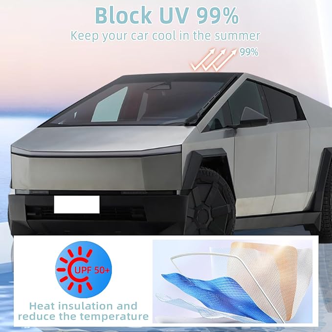 Glass Roof Sunshades for Tesla Cybertruck,Heat Reflective Nano Ice Crystal Coatings UV Block Roof Sunshades No Sag Flodable Sunroof Sunshade