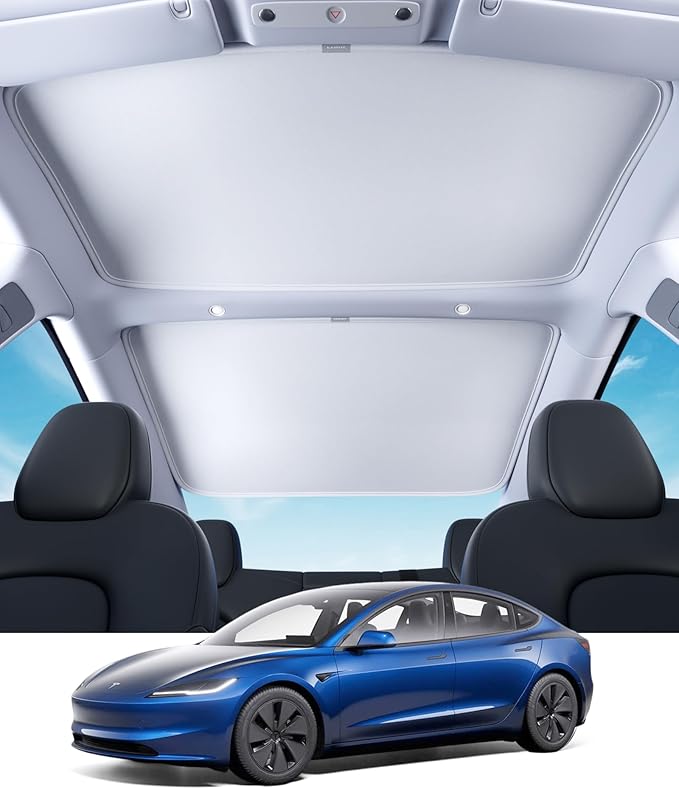 Tesla Model 3 Roof Sunshade, Magnetic Snap-On, Non-Sagging Glass Roof Sun Shade, Extreme Heat Shield with Nano-Silver Layer, UV Protection, Seamless Fit Panoramic Sunroof, Blue