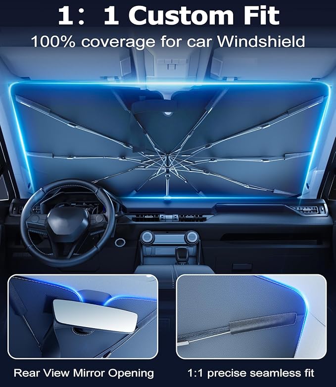 DMJN Umbrella Windshield Sun Shade for Tesla Model Y & 3 (2017-2026), Car Sunshade for Front Windshield [Nano Ice-Crystal Coatings] UPF50+ Heat & UV Block, Protect Interior & Keep Cooler