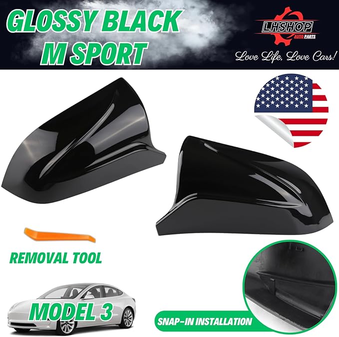 Car Side Mirror Caps for 2018-2025 Tesla Model 3 Accessories Passenger Driver Side View Exterior Mirror Covers Replacement Automotive Body Tuning Parts & Trim, Glossy Black - 1 Pair (Left-Right )