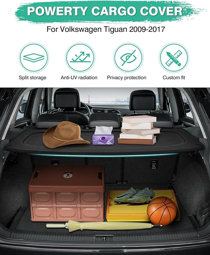 Powerty Cargo Cover for 2009-2016 2017 Volkswagen VW Tiguan Accessories Trunk Cover Retractable Trunk Shielding Shade Cargo Luggage Cover Black