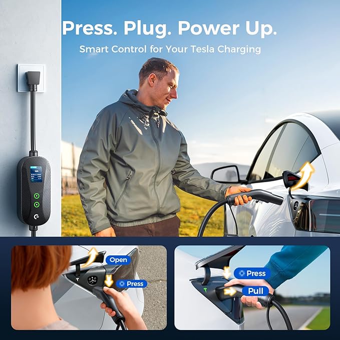 Level 1&2 Tesla Mobile Charger, (16A/12A, 240V-110V, 21FT Cable), Adjustable Current/Timer Tesla Home Charger, NEMA 6-20 & 5-15 Plug, NACS Connector for All Tesla Model 3/Y/X/S/Cybertruck