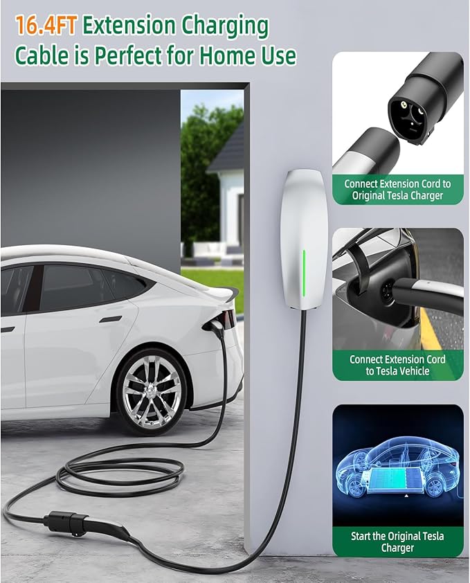 NACS Extension Cable for Tesla 16.4ft 240V 50A 12KW Level 1&2 Compatible with Model 3/Y/X/S Tesla Wall Connector & Mobile Charger