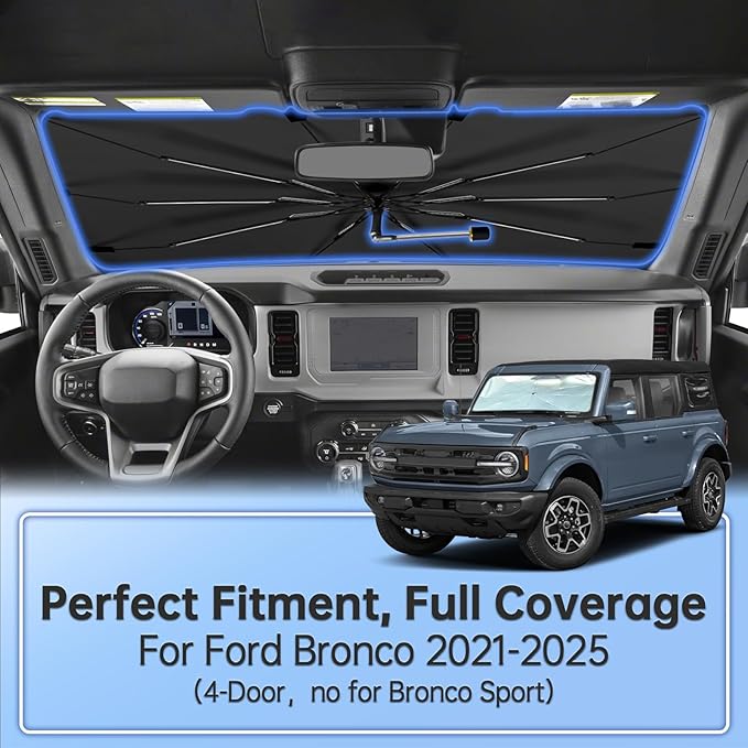 Windshield Sun Shade Umbrella for Ford Bronco(4-Door，not for Bronco Sport) 2021-2025, Foldable Sunshade for Car Front Window, 360 Rotation Automotive Interior UV Protection for Outdoor Parking