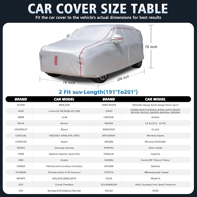 SUV Car Cover, 360° Underbody Wrap Design, All-Weather Waterproof Car Cover, Suitable for SUV Vehicle Body Length 191 to 200 in