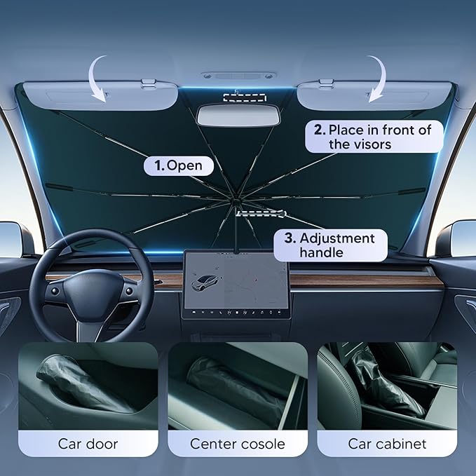 Autorder Windshield Sun Shade Umbrella for 2021-2025 2026 Volkswagen VW ID.4 Accessories,Upgraded Ice Crystal Material,Easy Setup Umbrella Sunshade for Car Windshield,100% Sun Blocking
