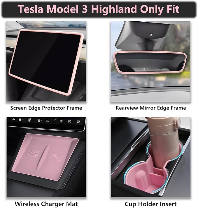 4PCS Center Console Wireless Charger Mat Silicone for 2025 2024 Tesla New Model 3 Highlan Cup Holder Insert, Screen Edge Protector Frame, Rear View Mirror Cover Decoration Accessories(Pink)