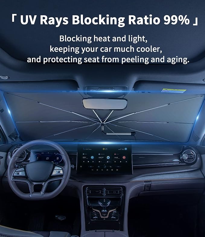 Custom-Fit for Tesla Windshield Sun Shade Umbrella, Foldable Car Umbrella Sunshade Cover UV Block Car Front Window with 360°Rotation Bendable Handle, Designed for Tesla Accessories (for Tesla Model X)