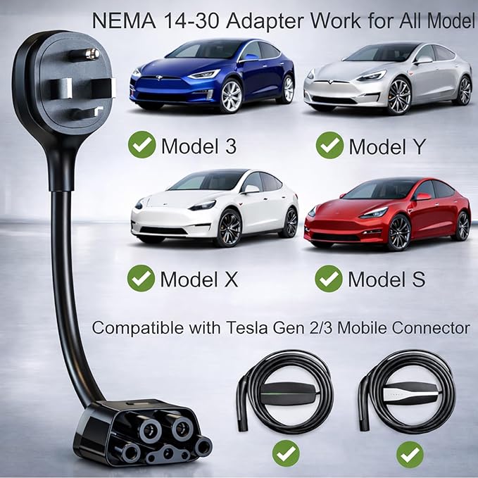for Tesla NEMA 14-30 Adapter, Tesla Mobile Charger Adapter for Gen 2 and 3 ONLY, 240V Plug & 14-30 Outlet at 24 Amp 10-Inch
