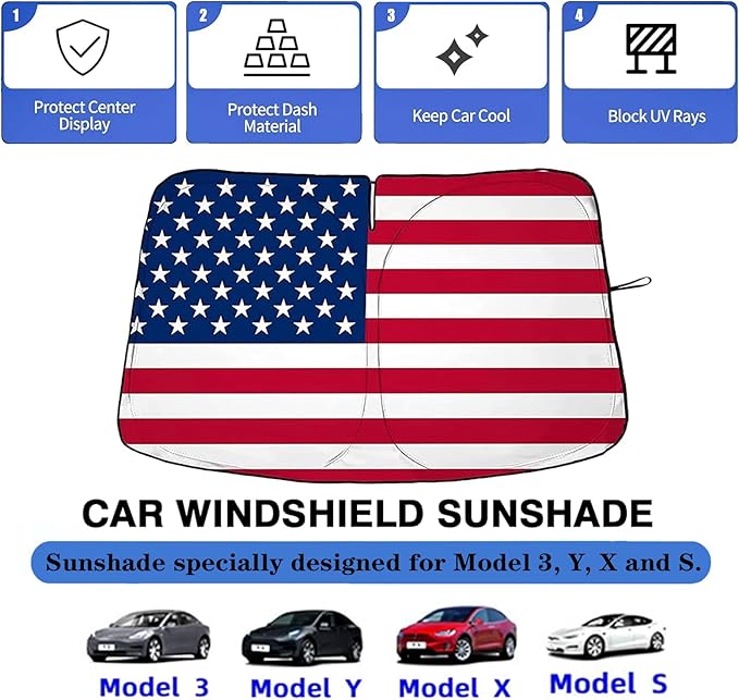 Car Windshield Sunshade Compatible with Tesla Model 3/Y/X/S,for USA Flag Front Window Shades Foldable Windshield Cover Reflective Sun Visor Protector,fit Tesla Model 3/Y Accessories.