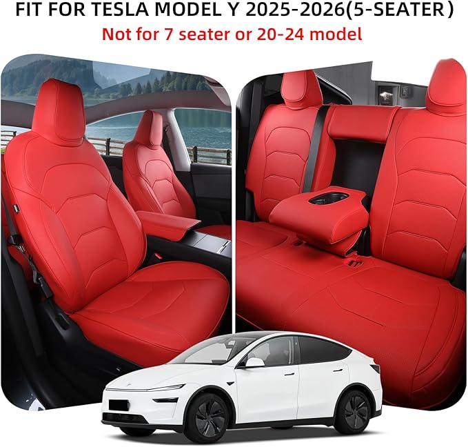 Tesla Model Y Seat Covers 2025 2026 Full Coverage Nappa Leather Car Seat Cover Interior Full Set Accessories Airbag Compatible Cushion Cover Custom Fit(Red,5-Seater)