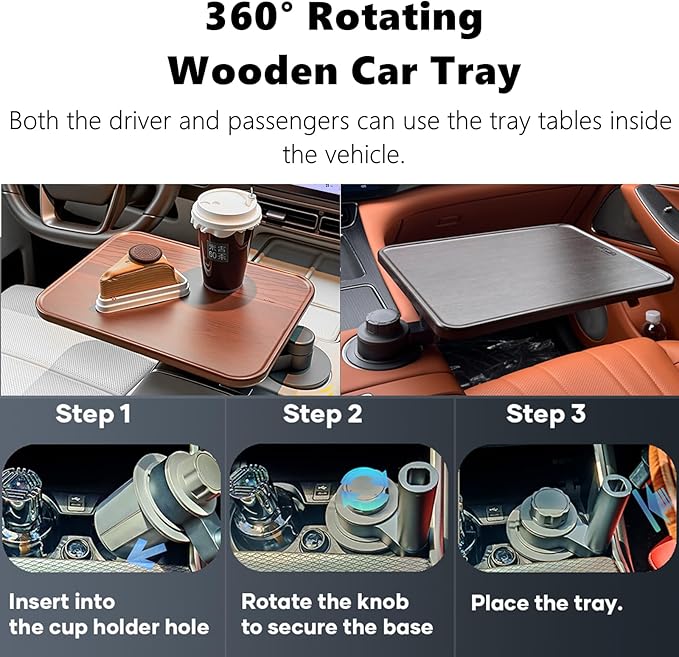 Wood Car Desk for Laptop, 360° Rotating Wood Cup Holder Table Tray for Drivers and Passengers, Car Accessories Compatible with Tesla Model Y/3/S, Ford F150/Explorer/Maverick & Most Vehicles