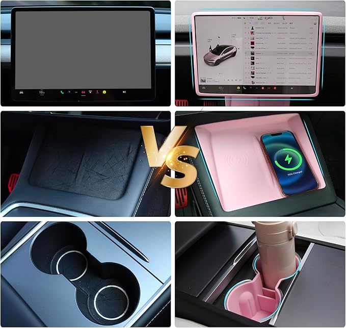 3PCS Center Console Accessories for Tesla New Model Y Juniper 2026 2025 Model 3 Highland 2024 Cup Holder Insert, Screen Edge Protector Frame, Wireless Charger Mat Silicone, Pink
