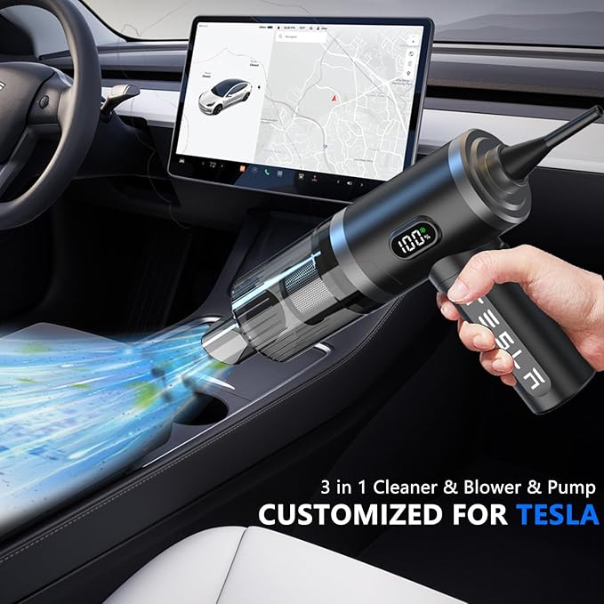 Foldable Car Vacuum Cleaner for Tesla Model 3 Y X S, 4-in-1 Cordless Handheld Vacuum,12000PA High Power, Tesla Mini Portable Car Vacuum with LED, Tesla Model Y 3 X S Accessories 2025-2017