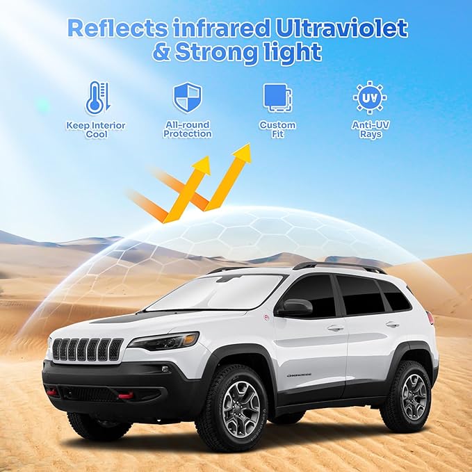 Sunshades for Jeep Cherokee 2014-2023 (Not for Jeep Grand Cherokee) Windshield Sun Shade Side Rear Window Shade Cover Sun Visor Shield Privacy Protection Keep Vehicle Cool Black 8PCS