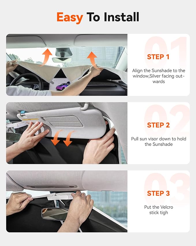 WOLFBOX Foldable Car Windshield Sun Shade Tesla Model Y/Model 3-Advanced Thickened Black Tape Sunshade Cover, Maximum UV Block & Sun Heat Protector Model Y Juniper/Model 3 Highland (56.30''L*37''W)