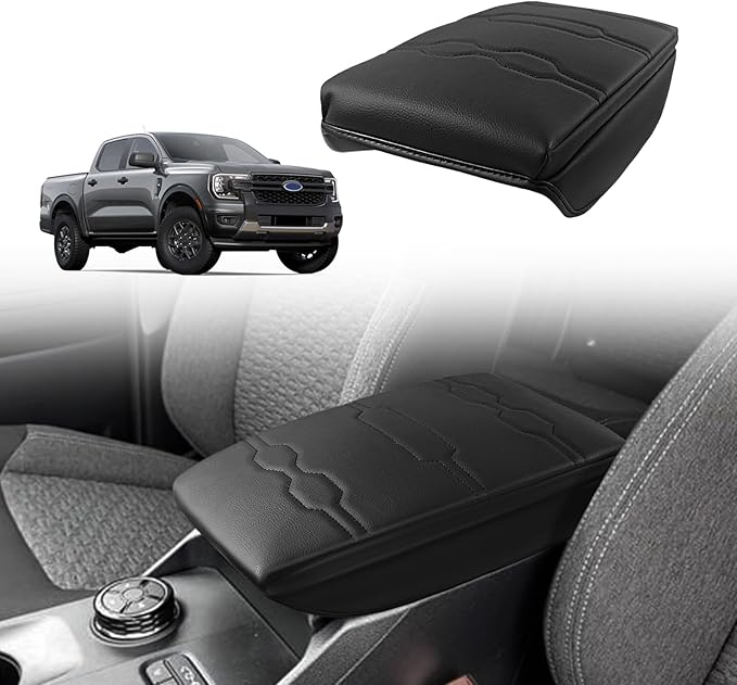 Muslogy Center Console Armrest Cover Fit for Ford Ranger 2024 2025 2026 Accessories, Comfort Armrest Pad Console Lid Cushion Vegan Leather 1-Inch Extra Thick(Black/Black Trim)