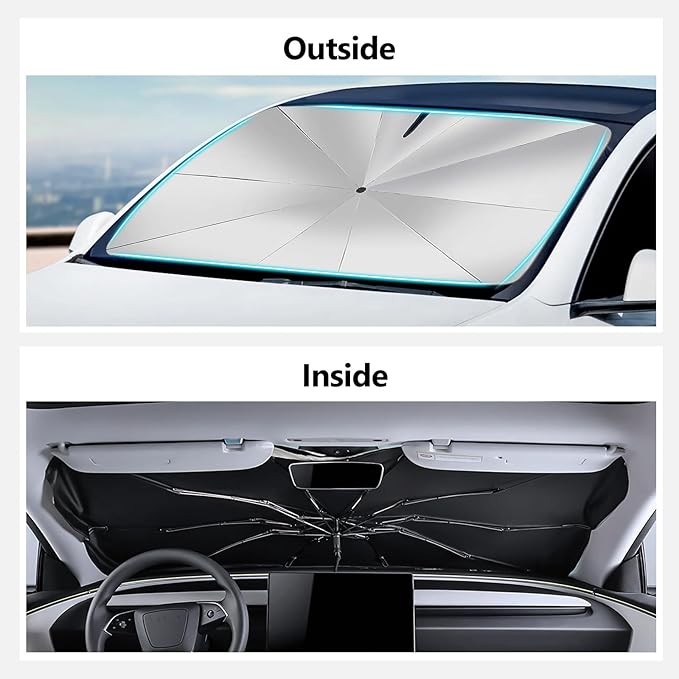 2025 Windshield Sunshade Fits All Tesla Model 3 & Y 2017-2025 Including Juniper Highland Reflective 240T Polyester Heat and UV Rays Windshield Sun Shade Foldable Tesla Interior Protection Accessory