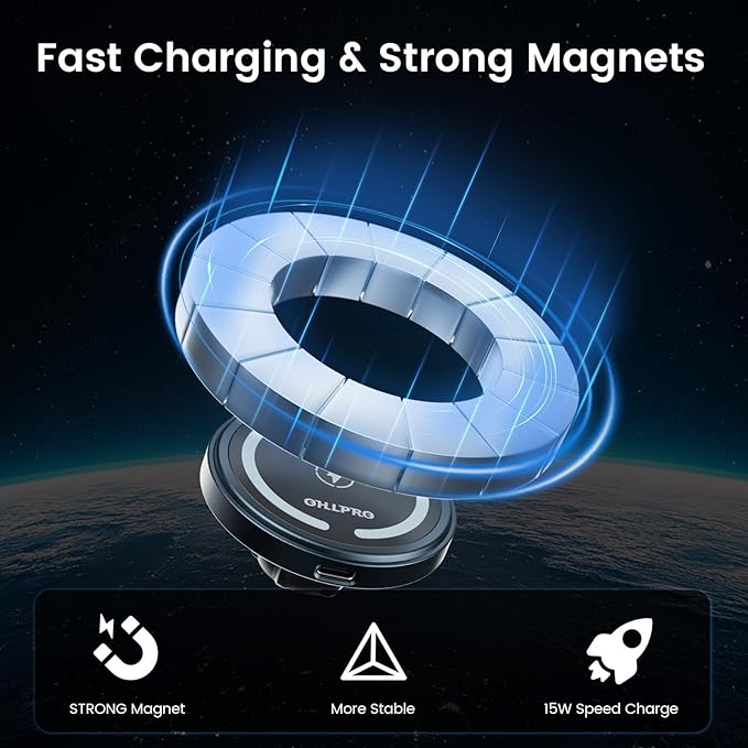 OHLPRO Compatible with MagSafe Car Mount for iPhone 16, Magnetic Wireless Car Charger with Extended Arm, Never Block Vents for iPhone 15/14/13/12 Serie, 15W Fast Charging Mag Safe Phone Holder, Grey